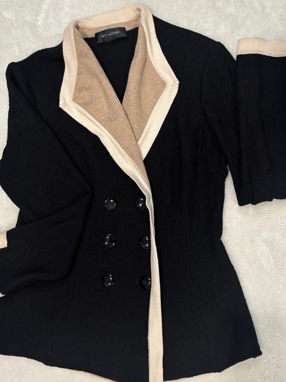 St. John Black Knit Blazer Jacket Cream Trim Double Breasted Luxe Classic
